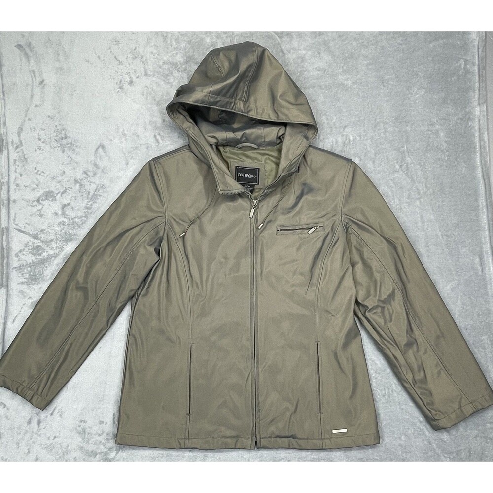 Outbrook Women's Large Jacket Zipper Hood Drawstring Taupe Lined 3 Pocket